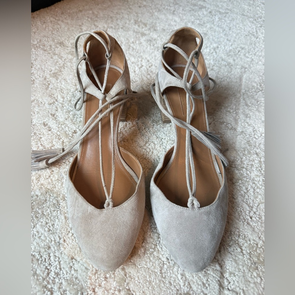 Aquazzura Cream Lace-Up Flats